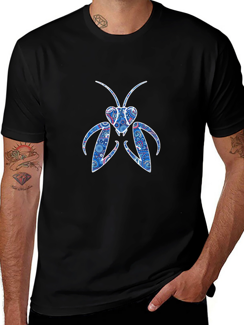 Abstract Praying Mantis Graphic Tee - Black