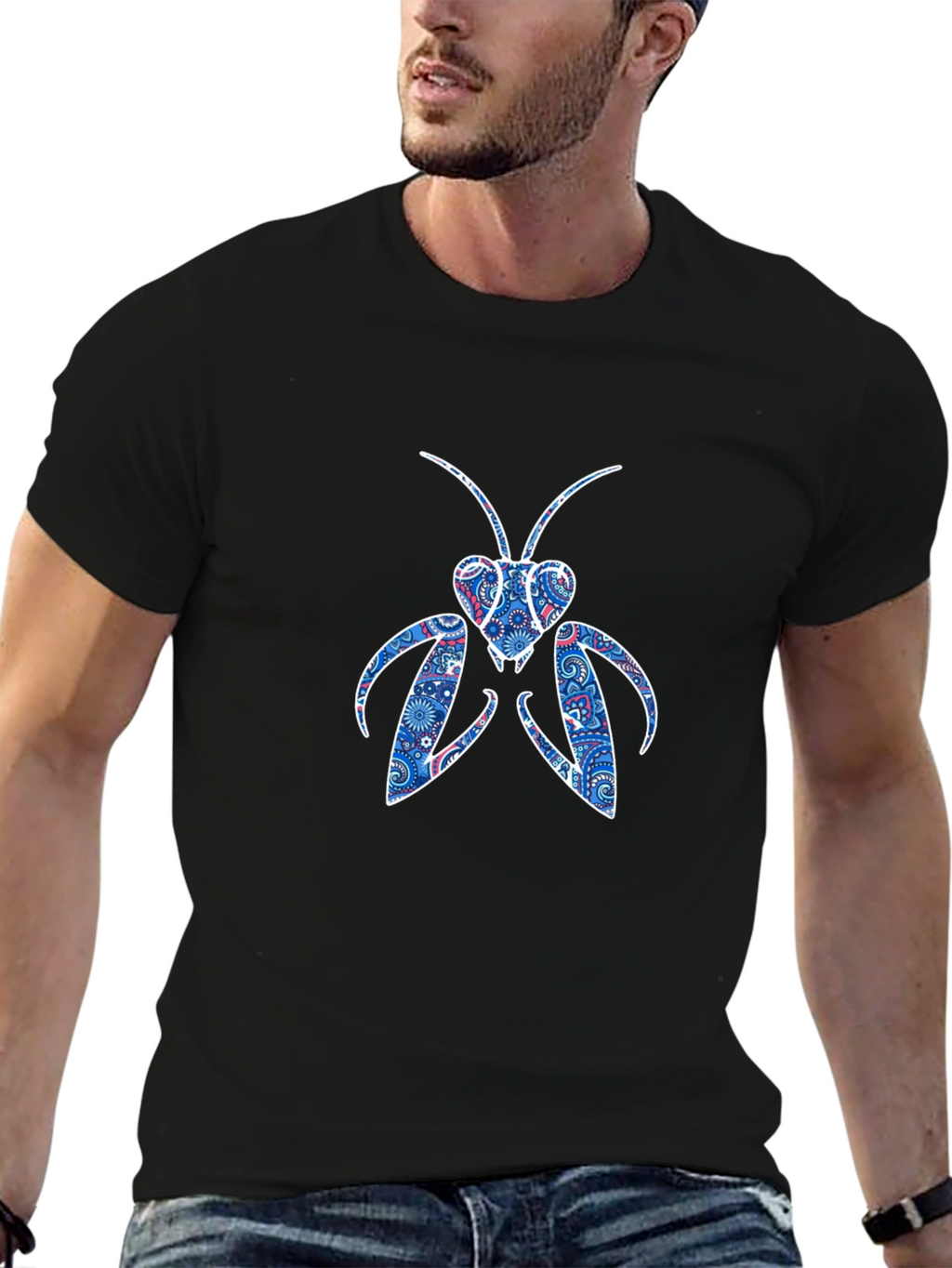 Abstract Praying Mantis Graphic Tee - Black