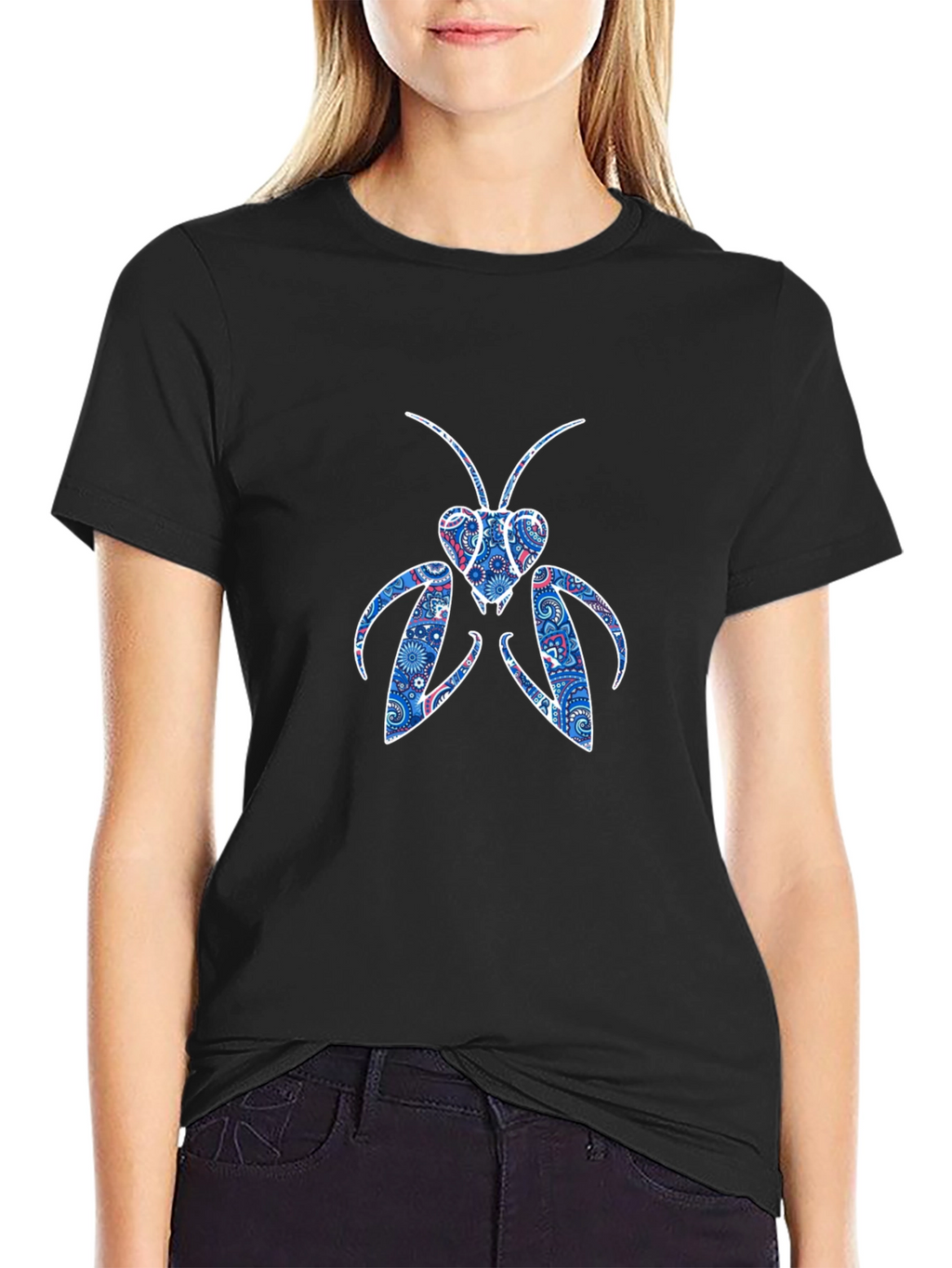 Abstract Praying Mantis Graphic Tee - Black