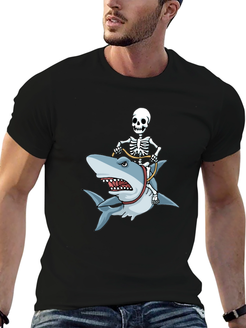 Skeleton Riding Shark Graphic T-Shirt