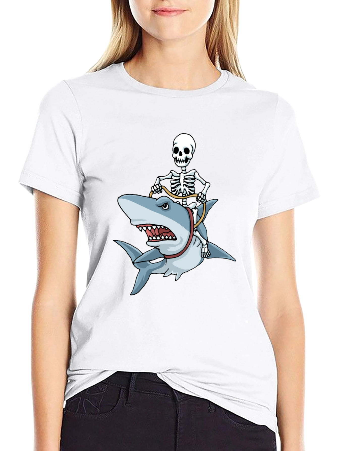Skeleton Riding Shark Graphic T-Shirt