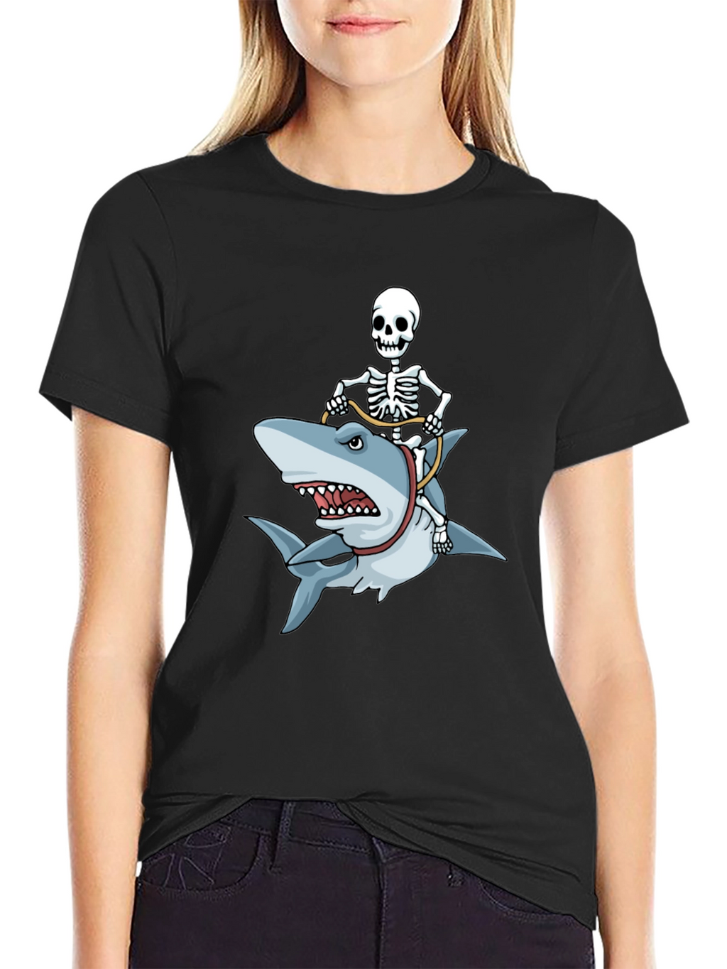 Skeleton Riding Shark Graphic T-Shirt