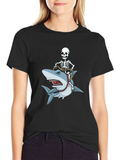 Skeleton Riding Shark Graphic T-Shirt