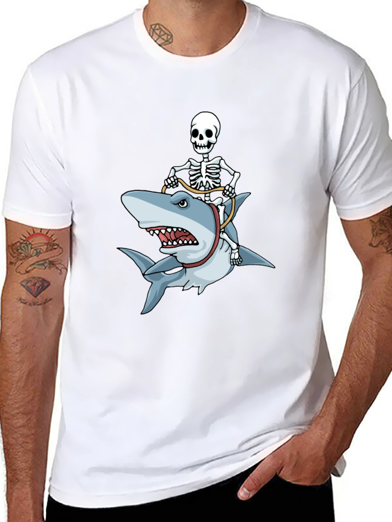 Skeleton Riding Shark Graphic T-Shirt