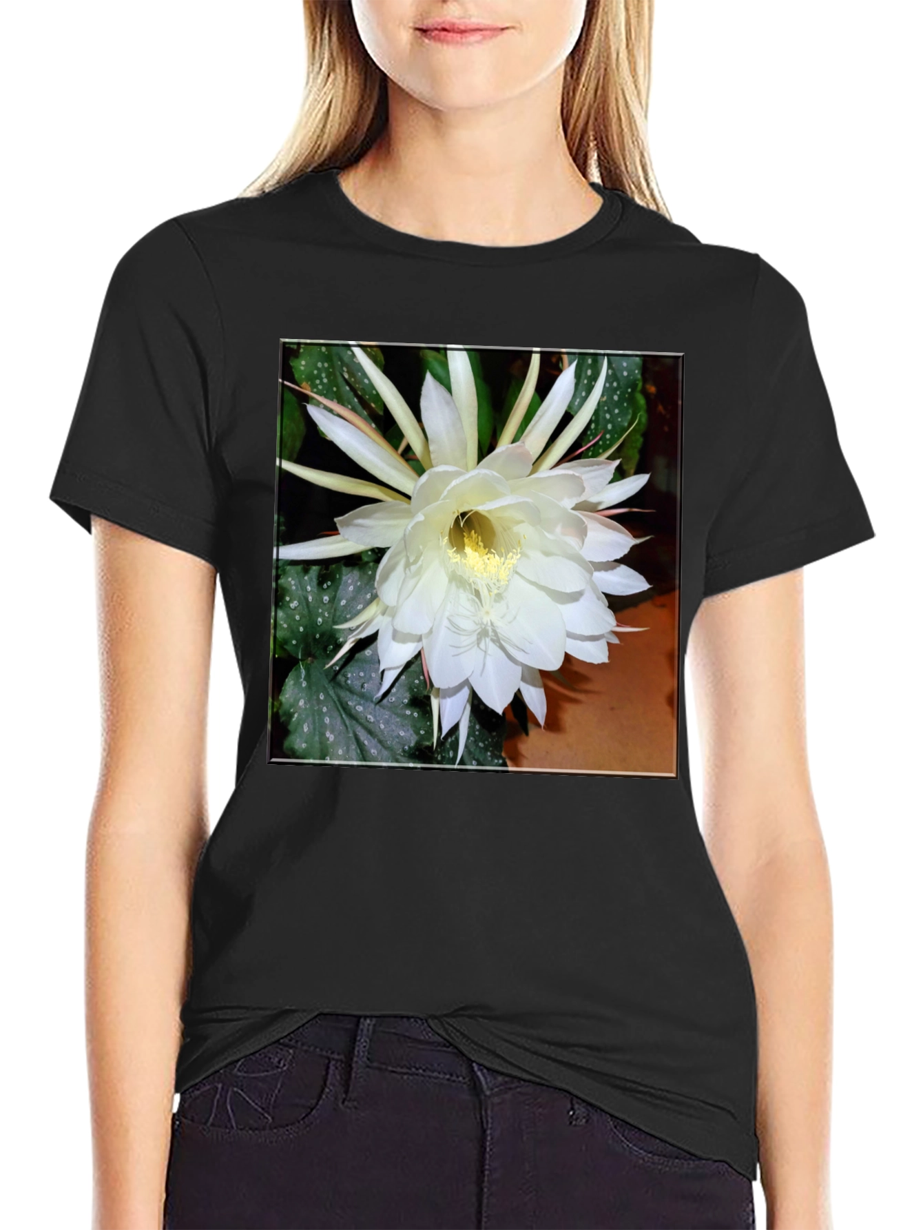 Floral Graphic Print Tee - Black Cotton T-Shirt