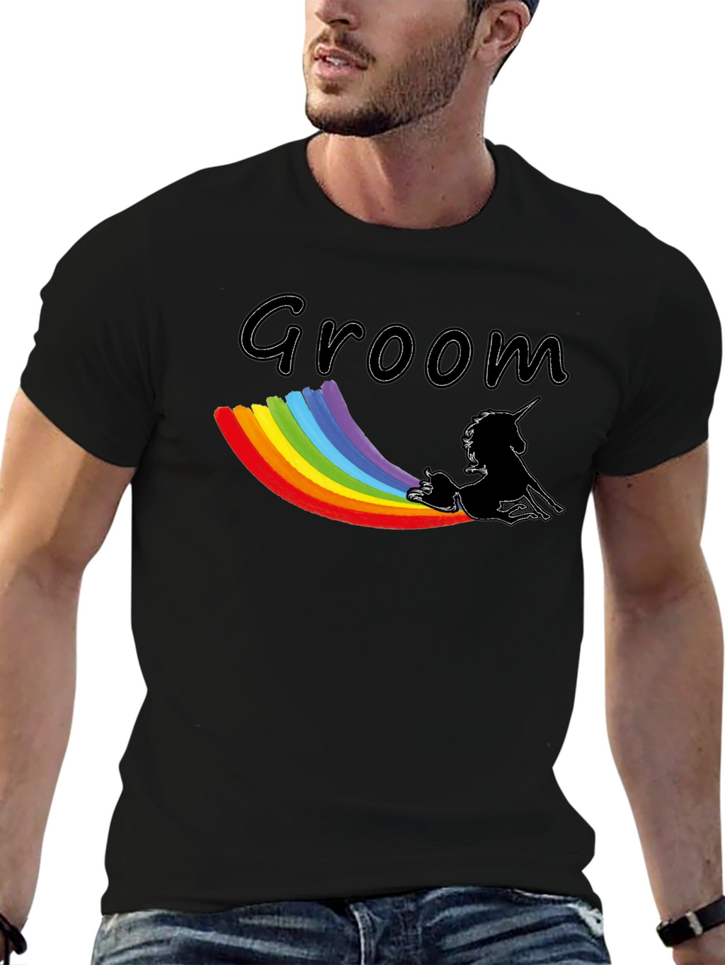 Groom Unicorn Rainbow T-Shirt - Black