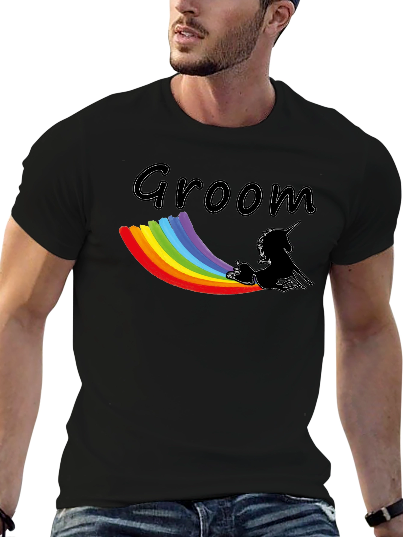 Groom Unicorn Rainbow T-Shirt - Black