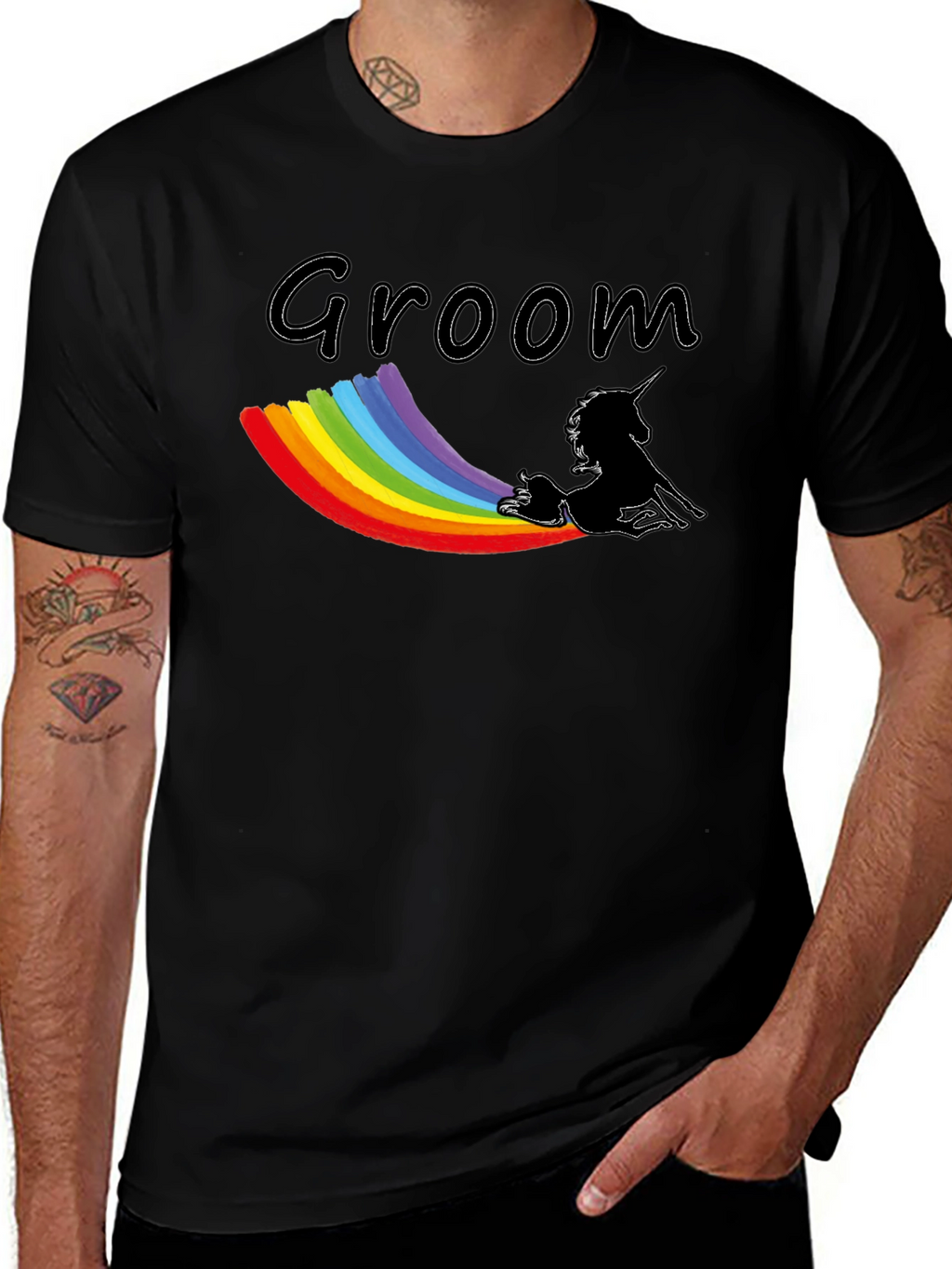 Groom Unicorn Rainbow T-Shirt - Black