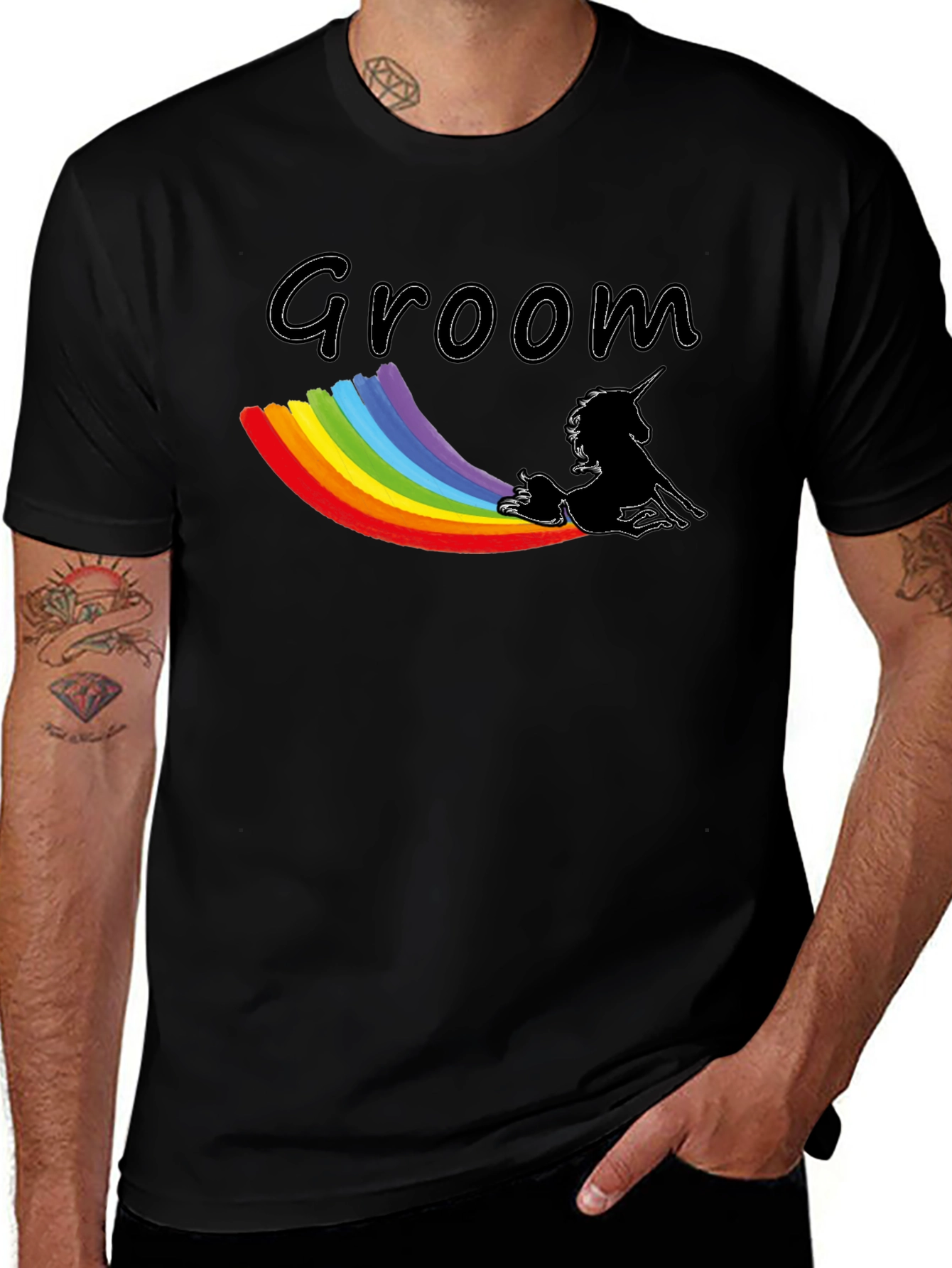 Groom Unicorn Rainbow T-Shirt - Black