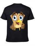 Cartoon Owl Graphic Tee - Black Cotton Blend T-Shirt