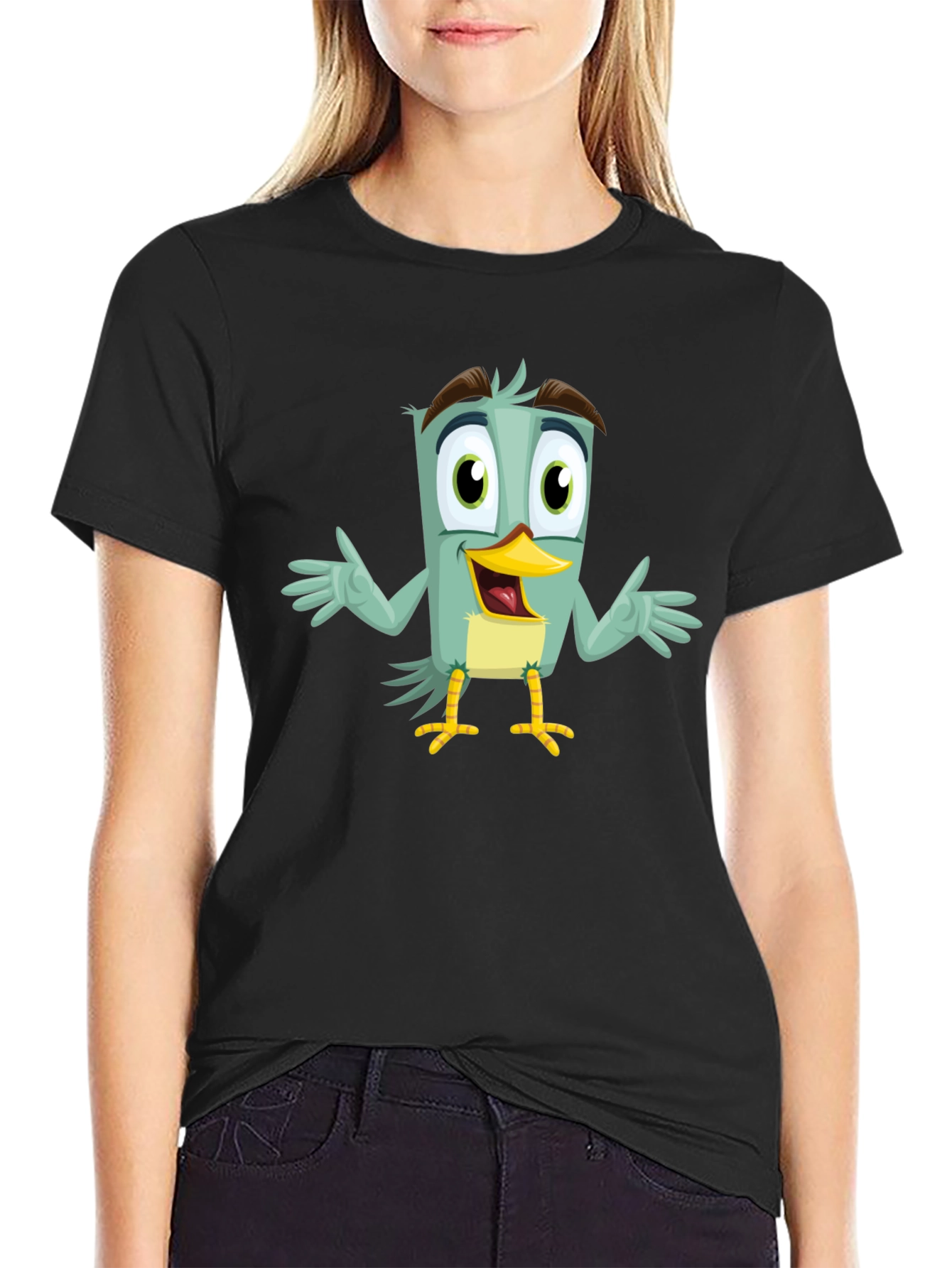 Cartoon Bird Graphic T-Shirt - Funky Black Tee