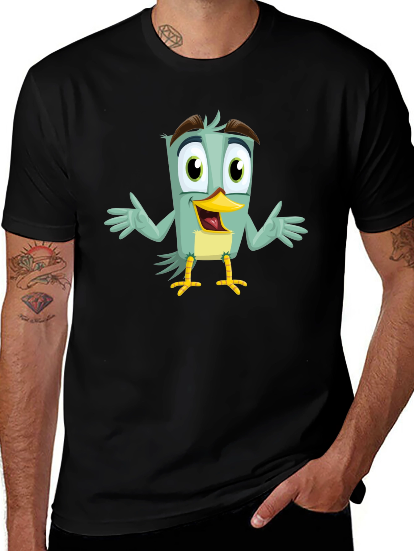 Cartoon Bird Graphic T-Shirt - Funky Black Tee