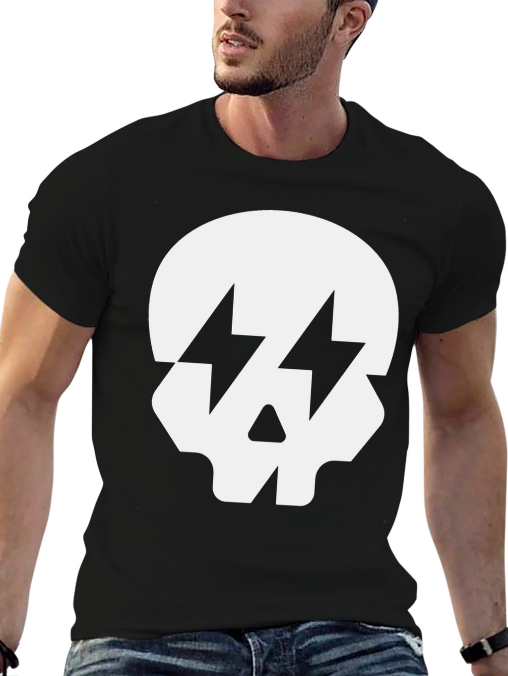 Skull with Lightning Bolt Eyes Black T-Shirt