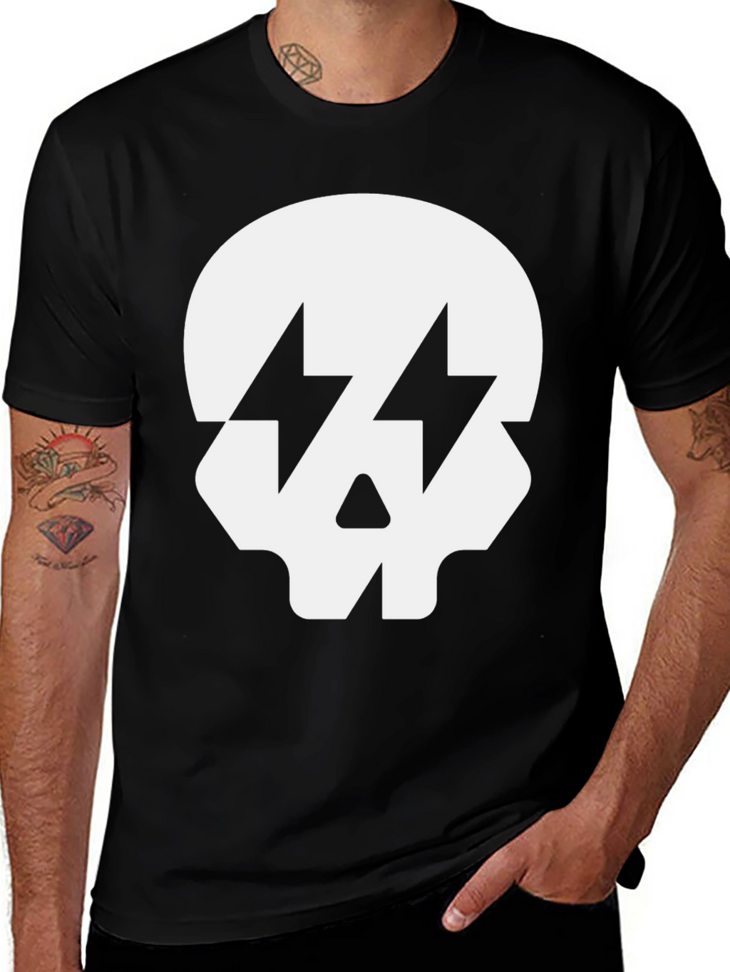 Skull with Lightning Bolt Eyes Black T-Shirt