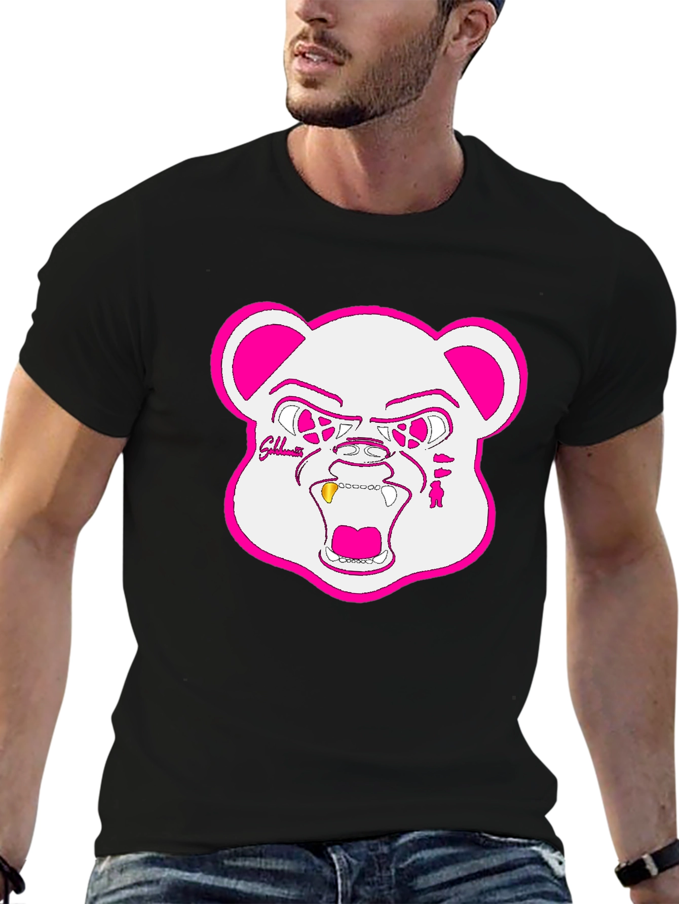 Black T-Shirt with Goldteeth Bear Graphic
