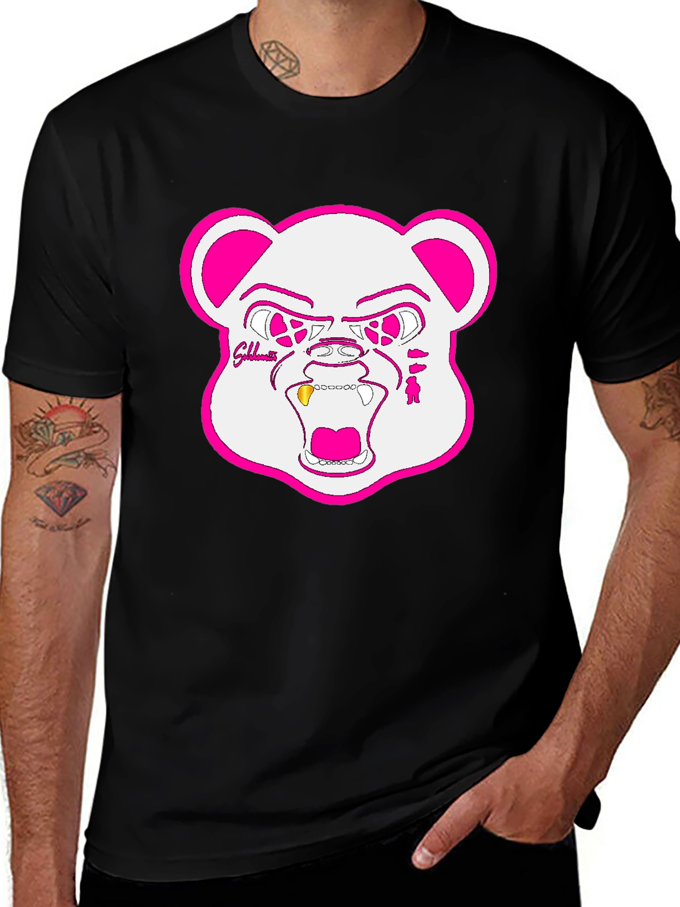 Black T-Shirt with Goldteeth Bear Graphic