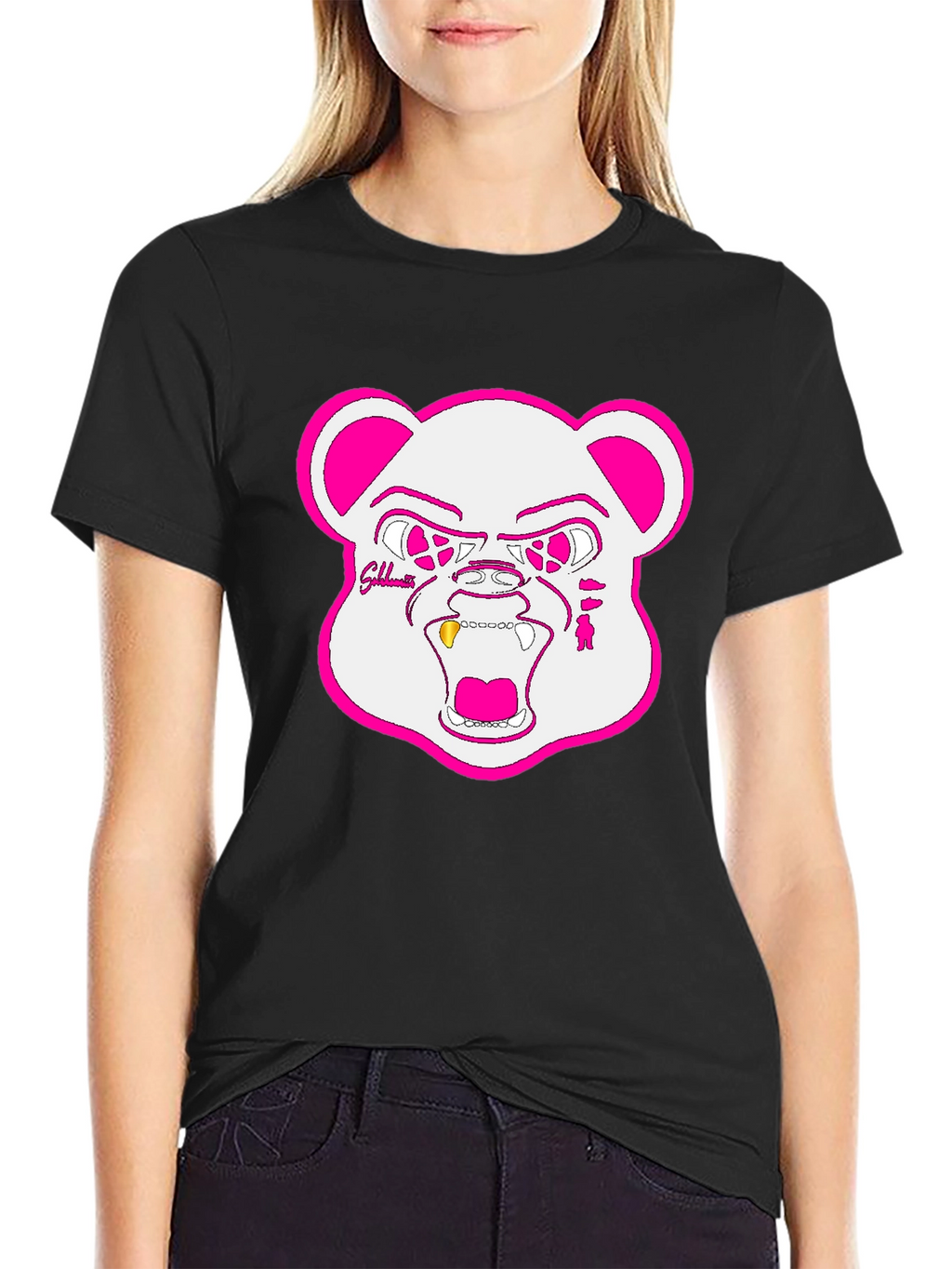 Black T-Shirt with Goldteeth Bear Graphic