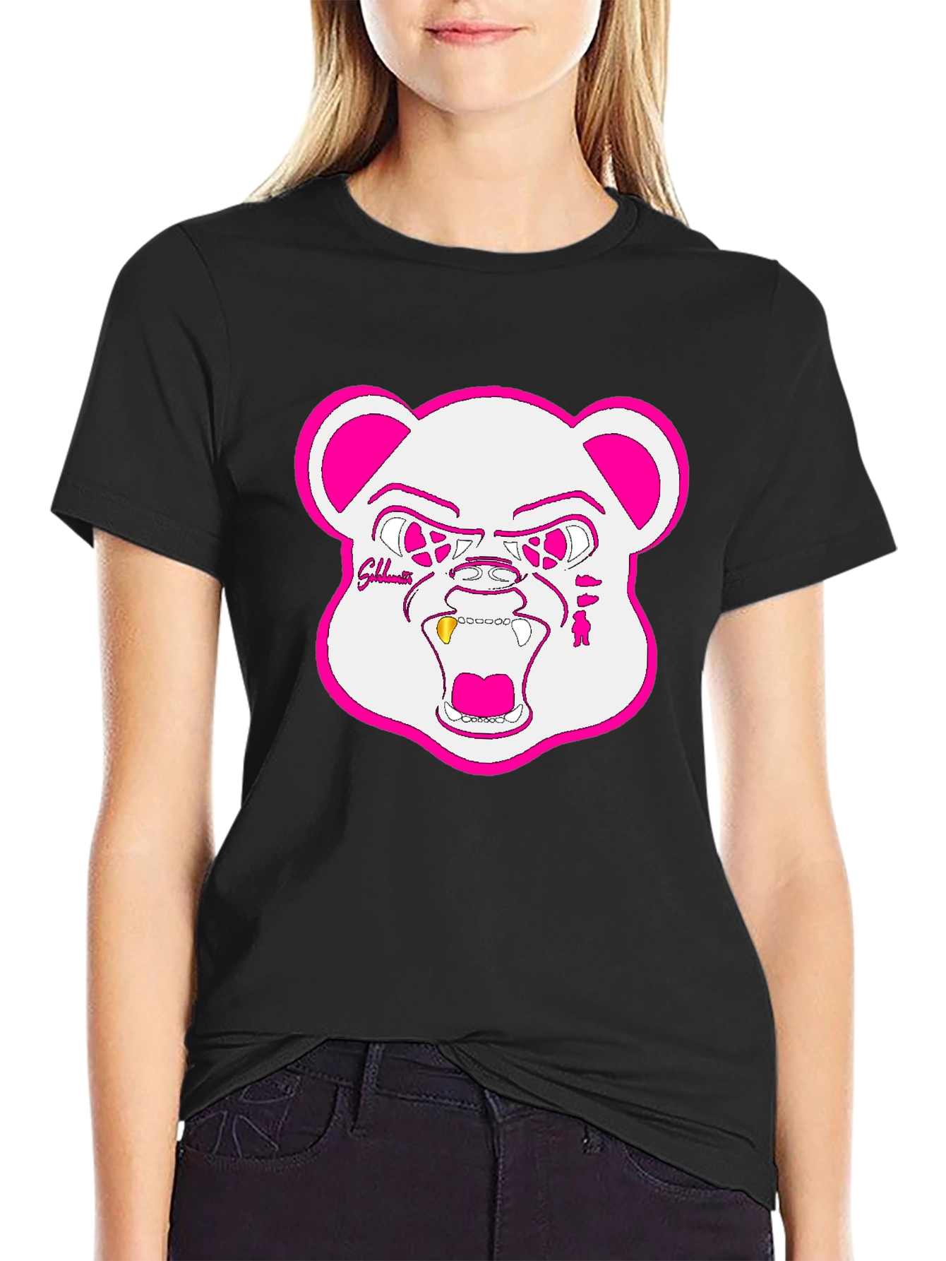 Black T-Shirt with Goldteeth Bear Graphic