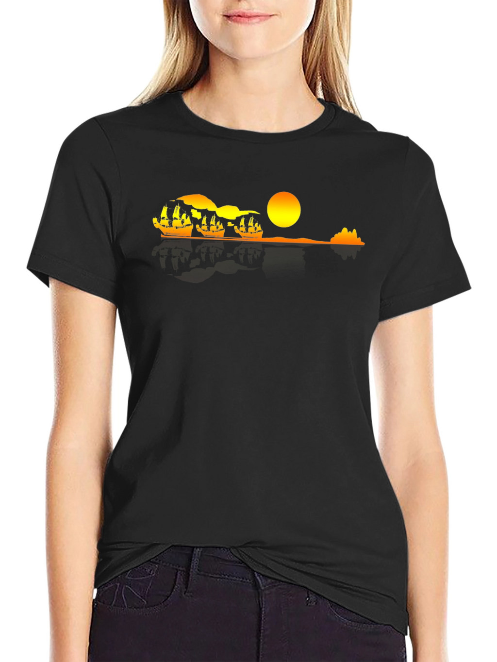 Sunset Ship Graphic Tee - Black Cotton Comfort