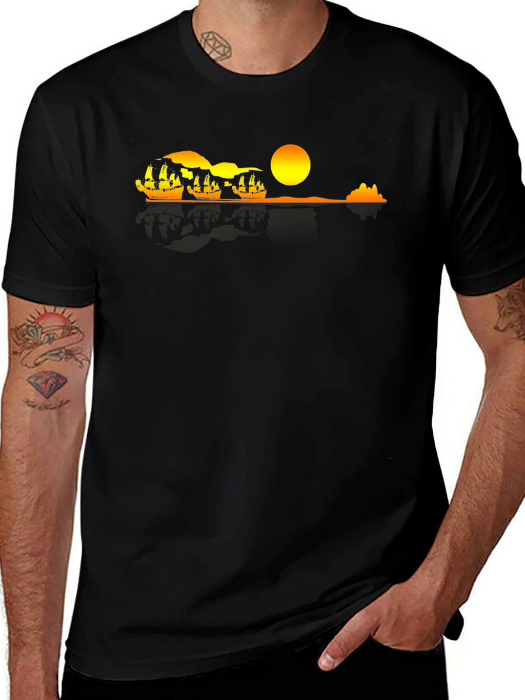 Sunset Ship Graphic Tee - Black Cotton Comfort