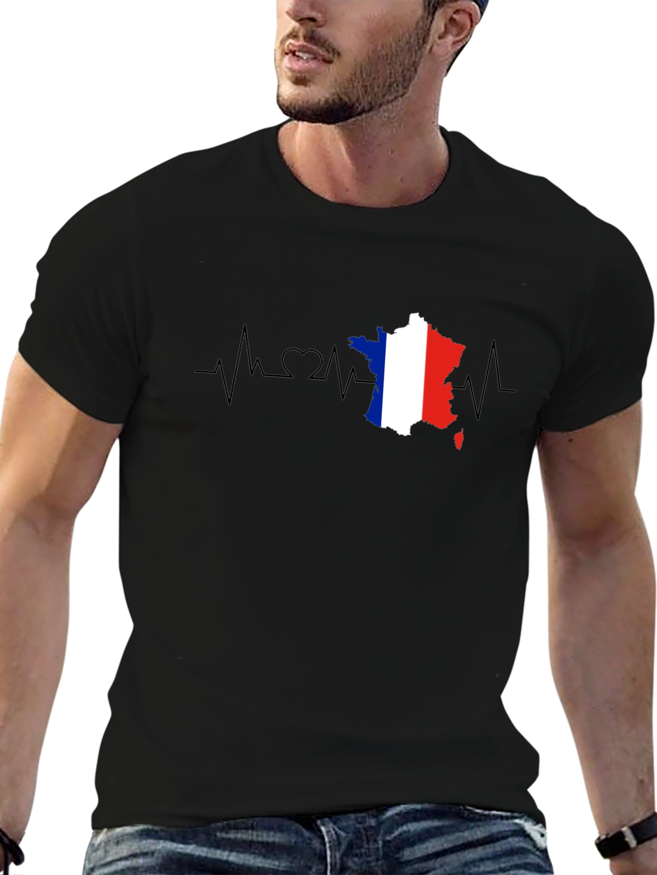France Flag Heartbeat T-Shirt - Black