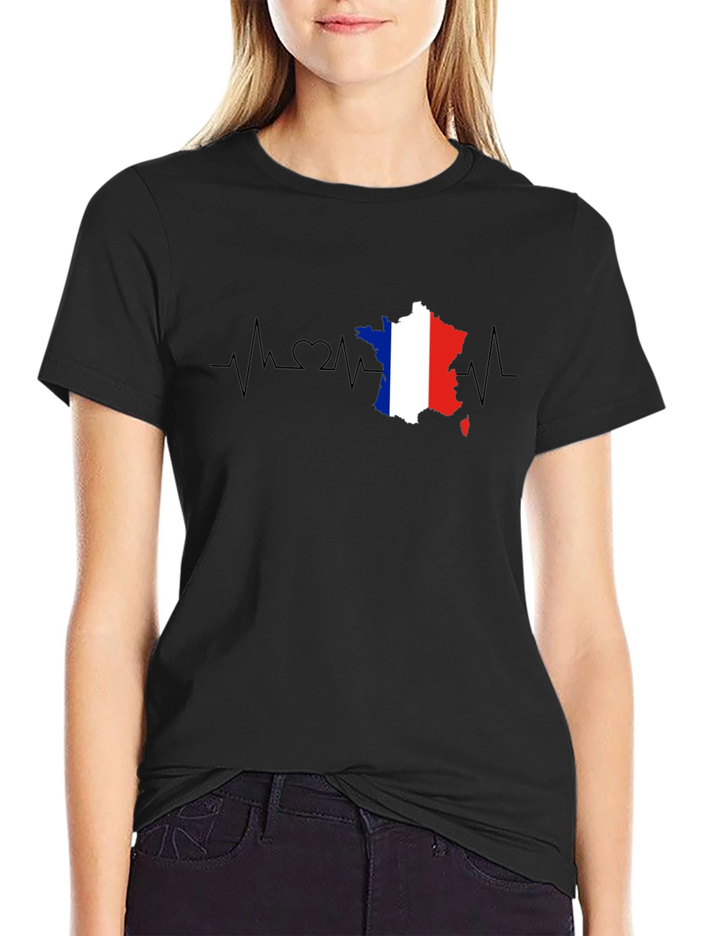 France Flag Heartbeat T-Shirt - Black