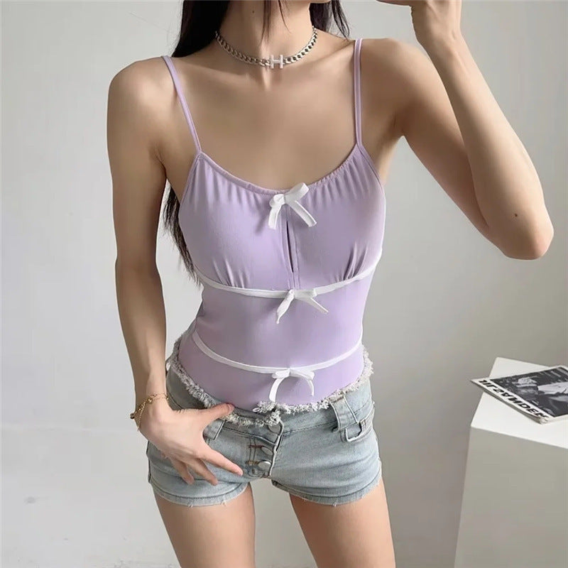 Bow embellished suspender jumpsuit