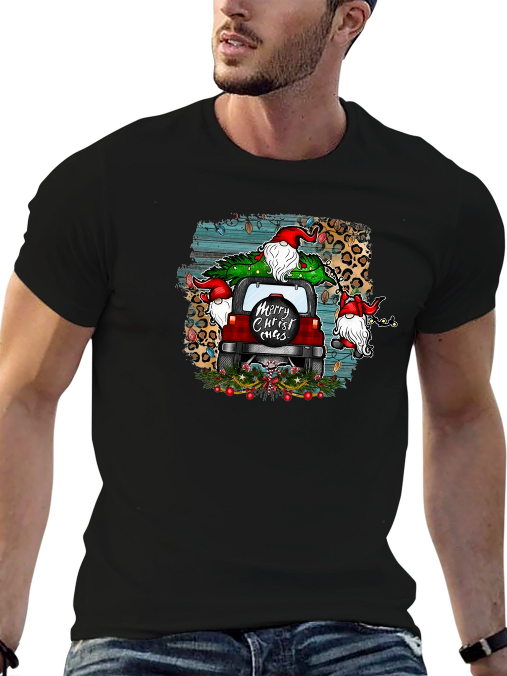 Merry Christ-mas Tee Gnome Red Car Christmas Tree