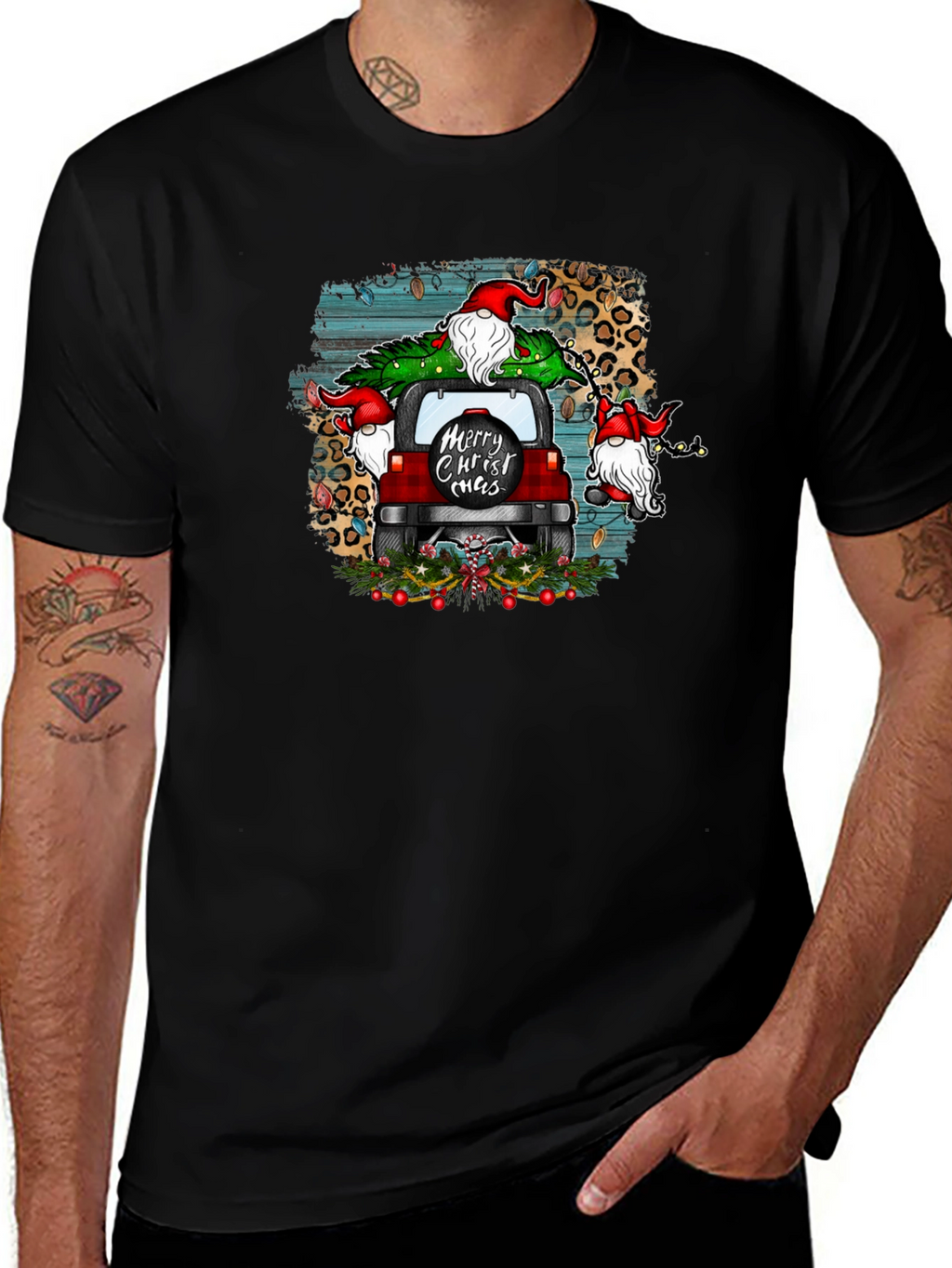 Merry Christ-mas Tee Gnome Red Car Christmas Tree