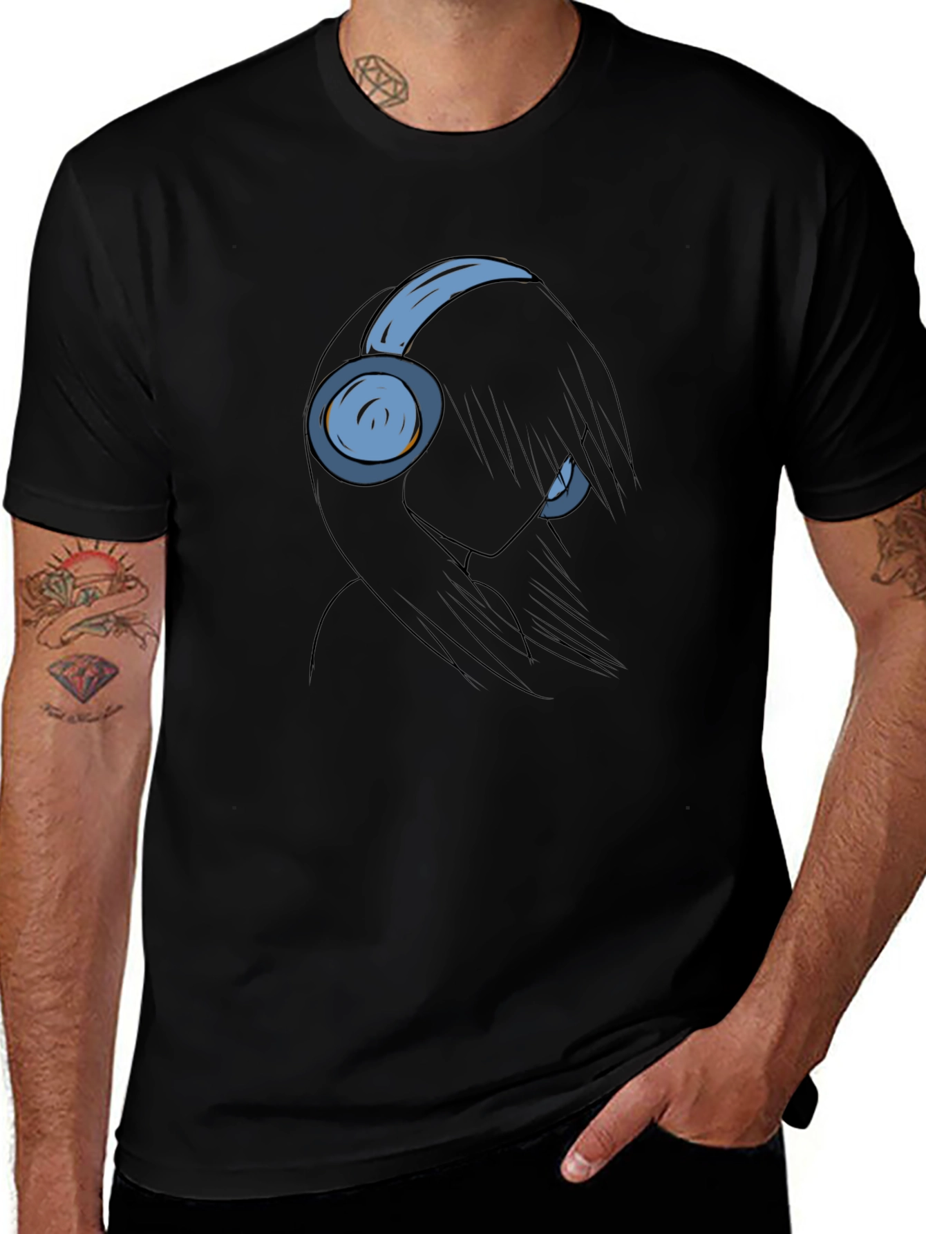 Anime Girl with Headphones Black T-Shirt