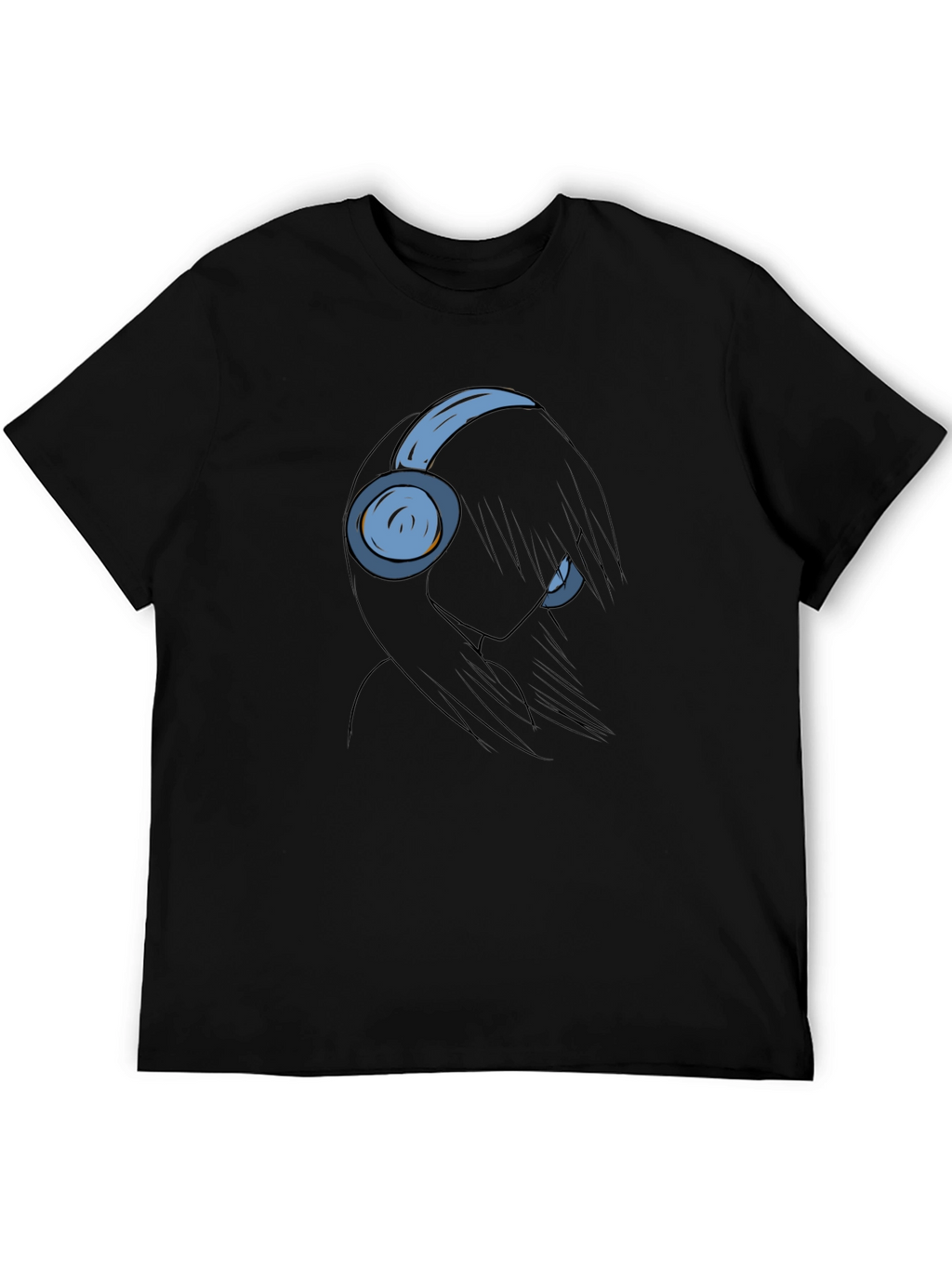 Anime Girl with Headphones Black T-Shirt