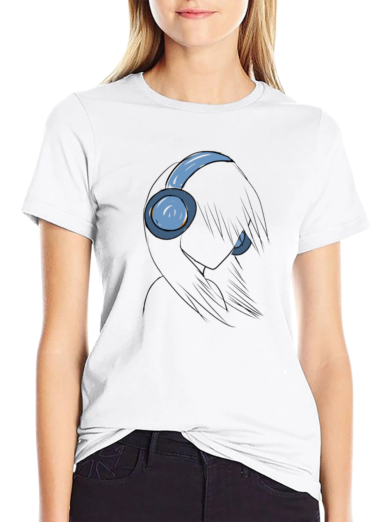 Anime Girl with Headphones Black T-Shirt