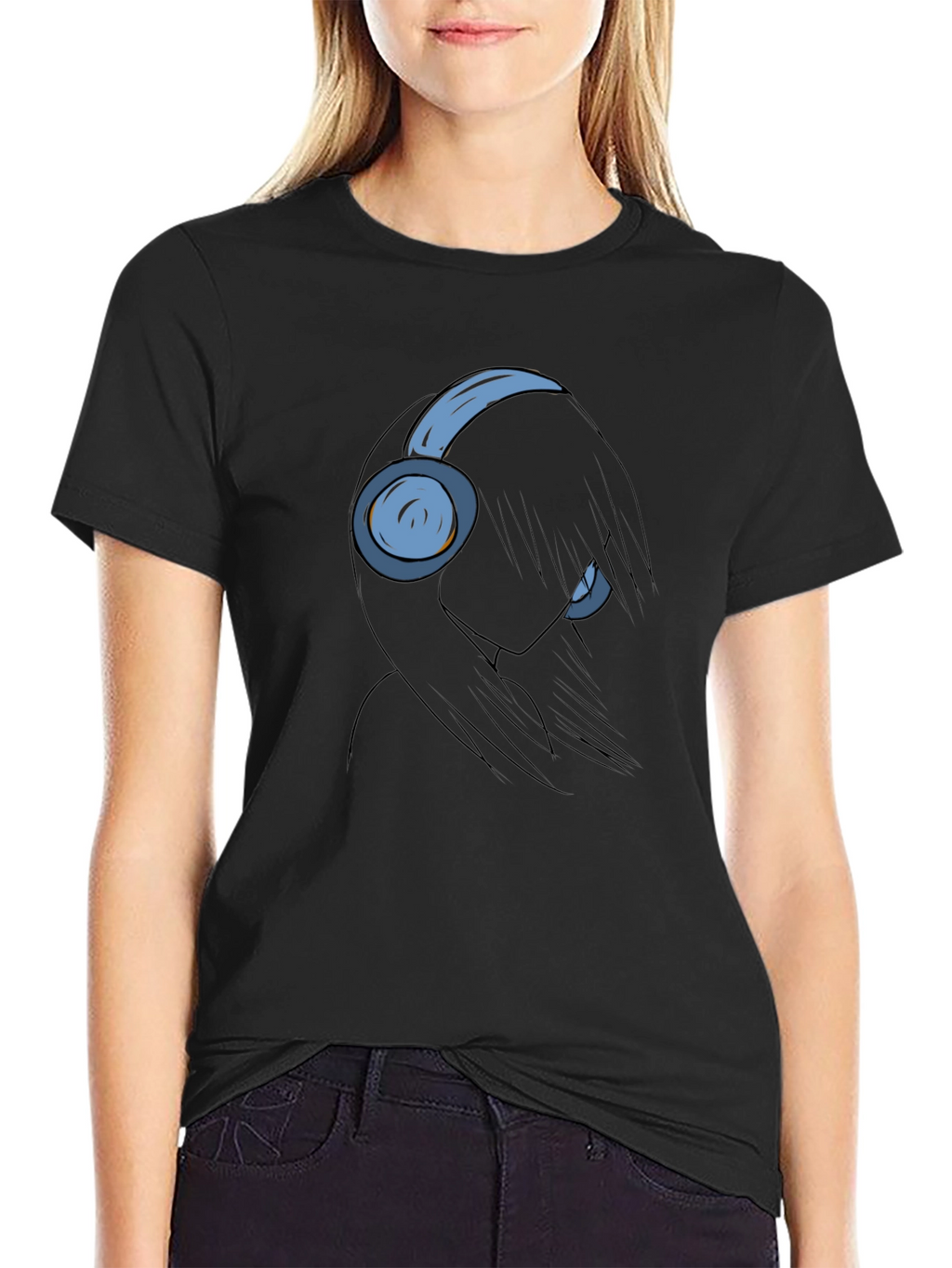 Anime Girl with Headphones Black T-Shirt
