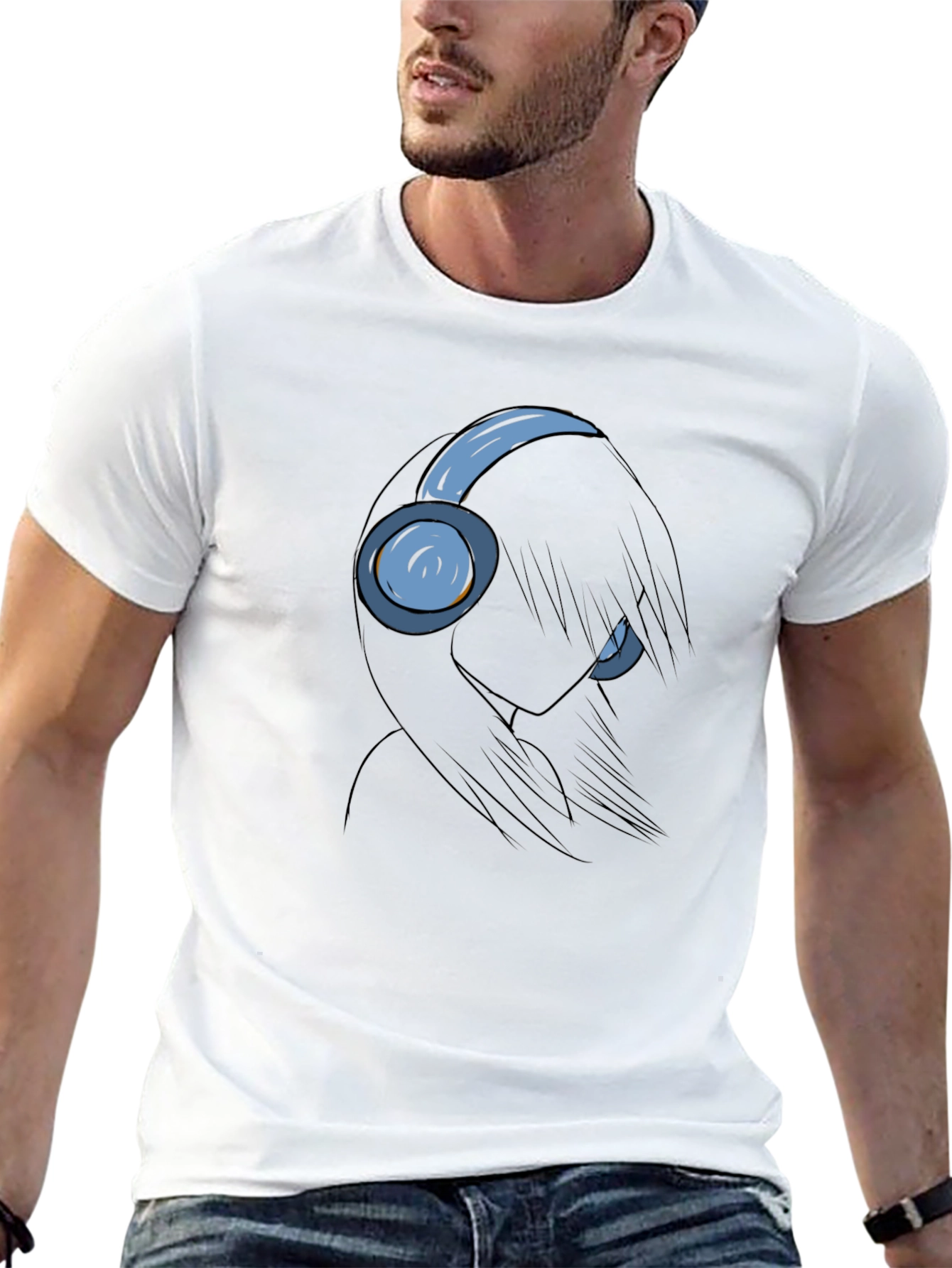 Anime Girl with Headphones Black T-Shirt
