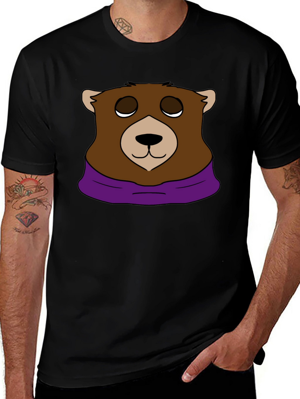 Cartoon Bear Graphic Tee - Casual Black T-Shirt
