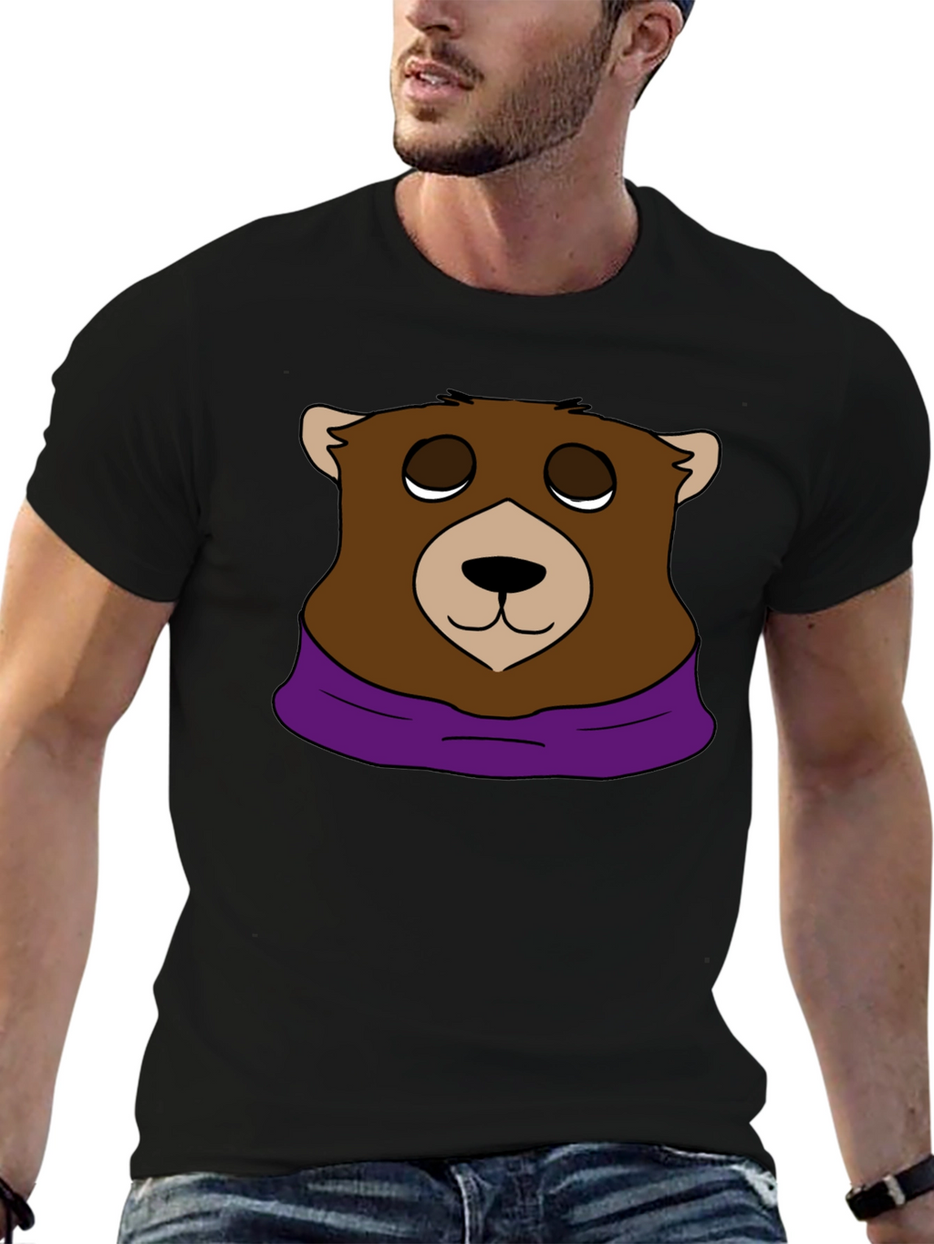 Cartoon Bear Graphic Tee - Casual Black T-Shirt