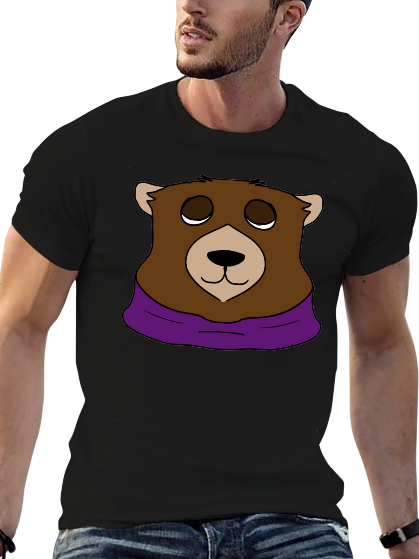 Cartoon Bear Graphic Tee - Casual Black T-Shirt