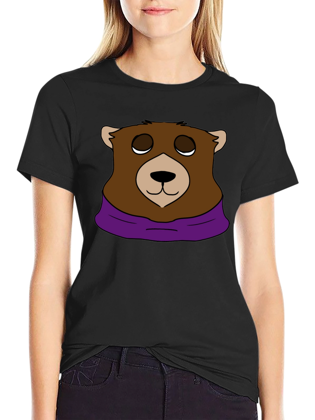 Cartoon Bear Graphic Tee - Casual Black T-Shirt