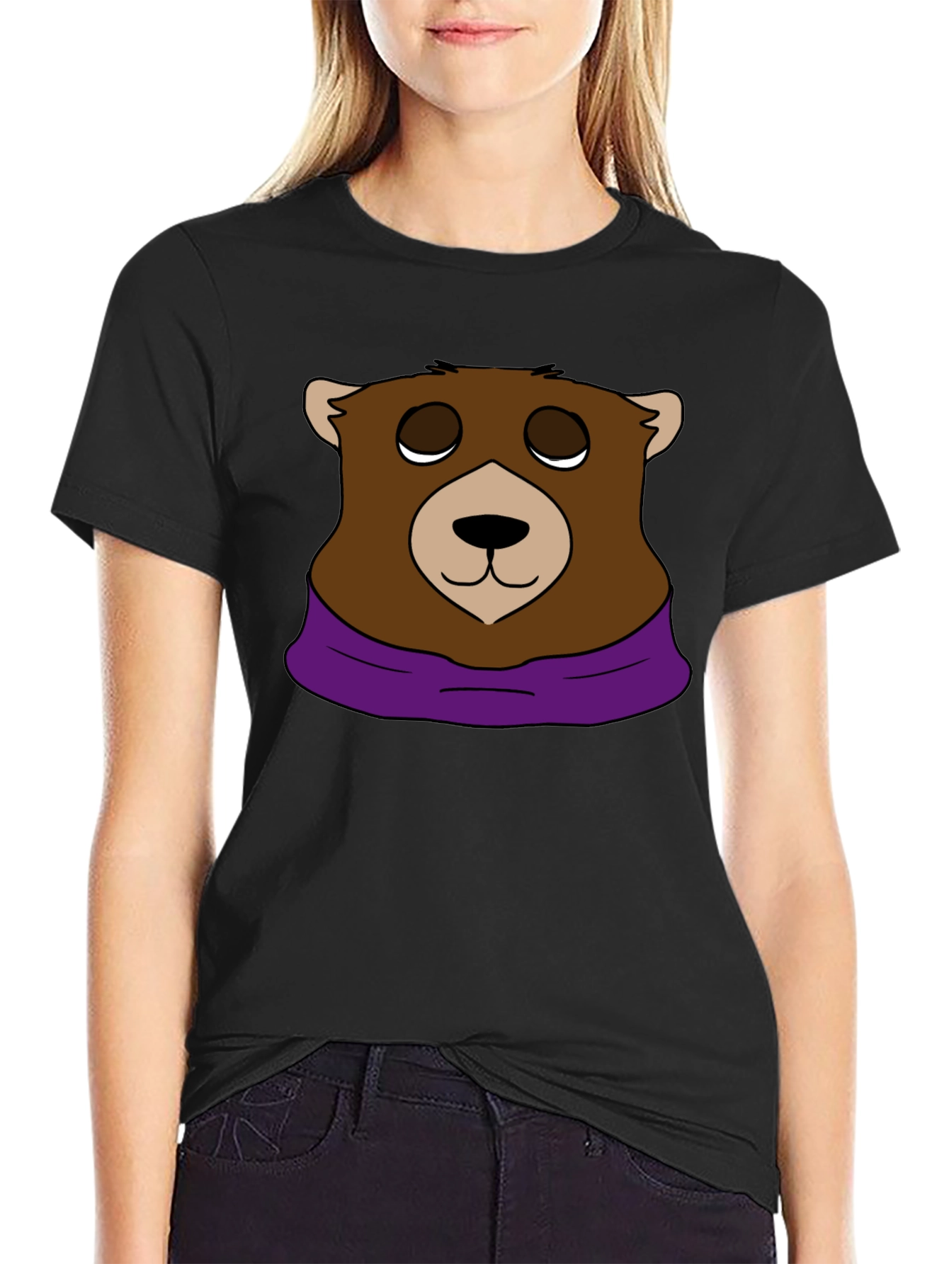 Cartoon Bear Graphic Tee - Casual Black T-Shirt