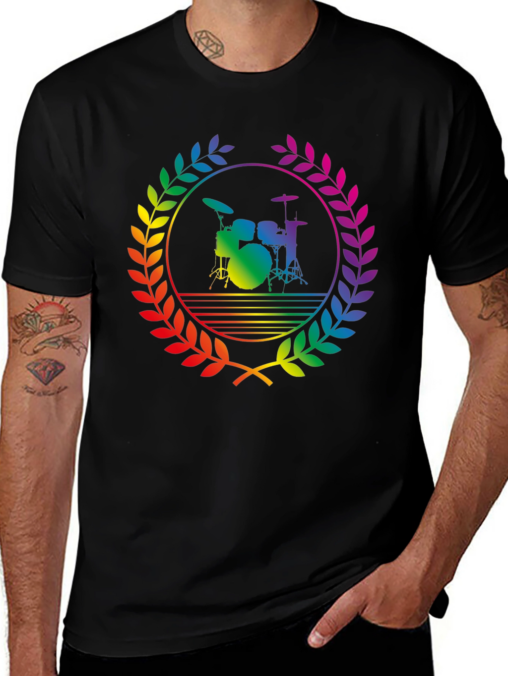 Rainbow Drummer T-Shirt - Black Cotton Music Tee