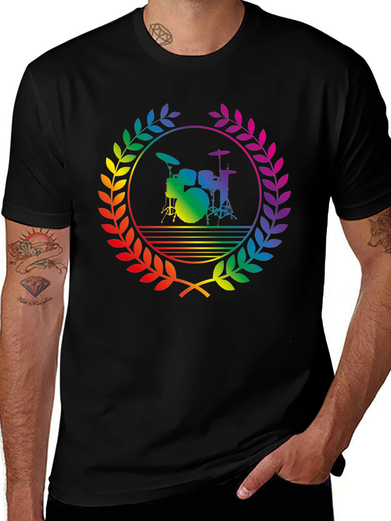Rainbow Drummer T-Shirt - Black Cotton Music Tee