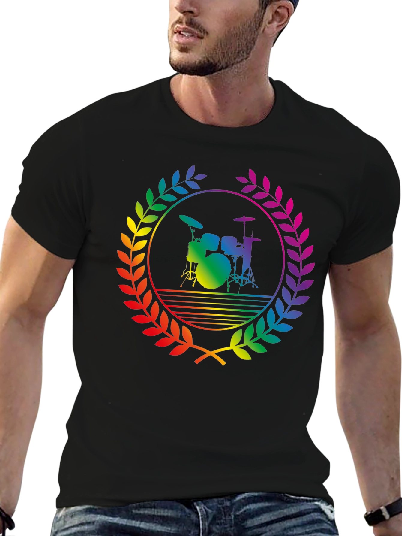Rainbow Drummer T-Shirt - Black Cotton Music Tee