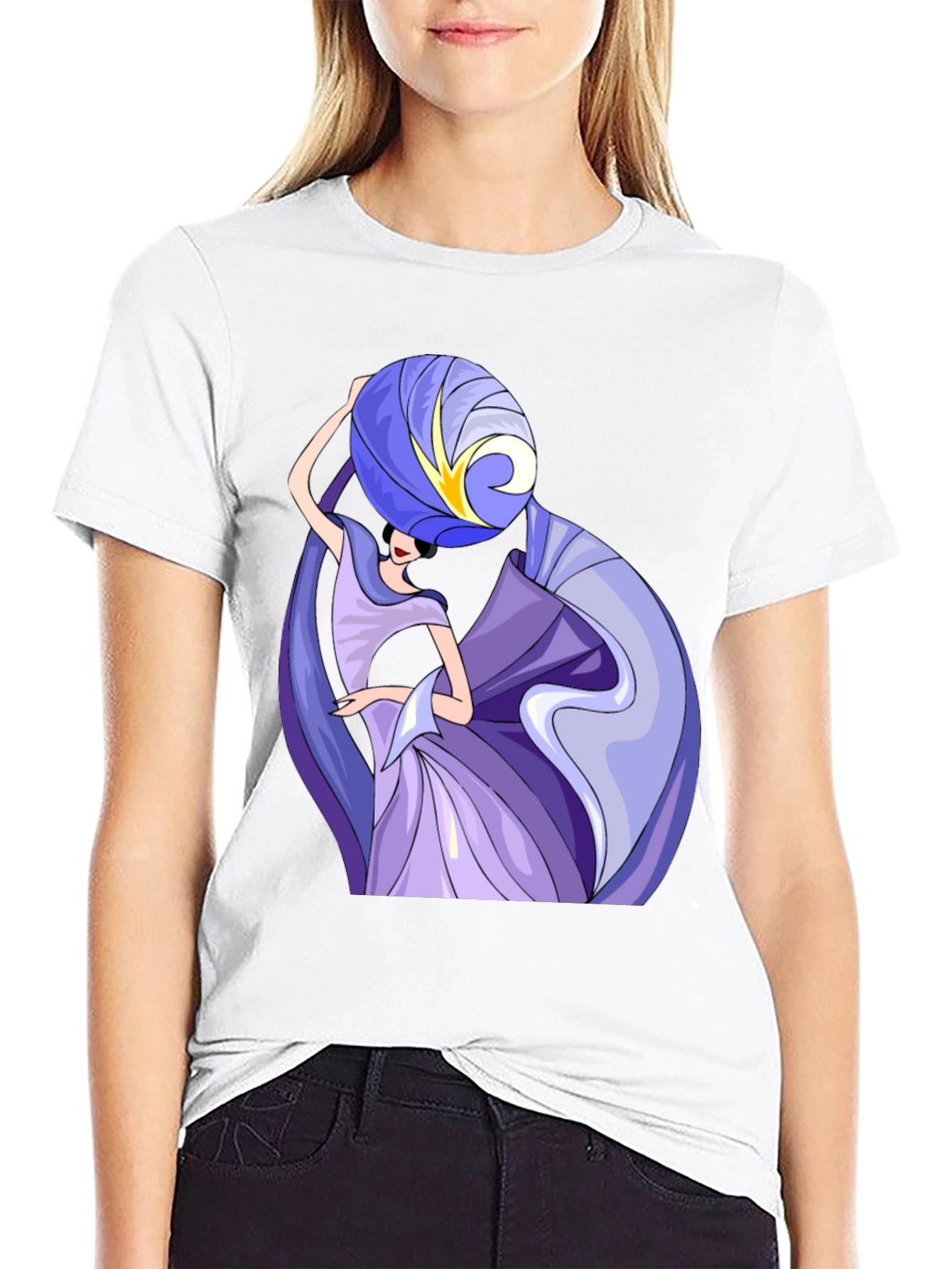 Abstract Art Woman Graphic Tee - Black Cotton T-Shirt