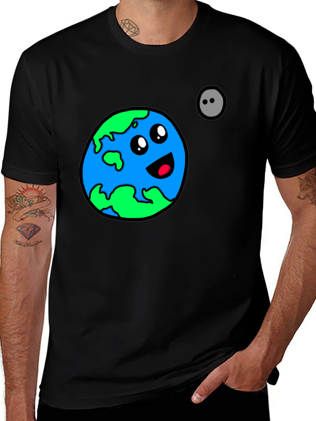 Cartoon Earth Graphic T-Shirt - Black Cotton Blend