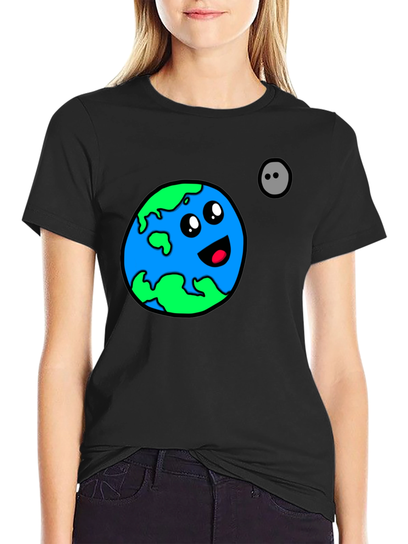 Cartoon Earth Graphic T-Shirt - Black Cotton Blend