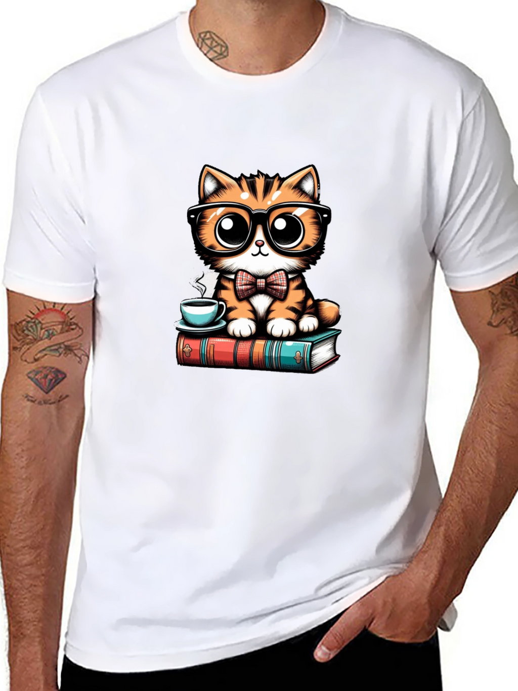 Cute Cat With Glasses Black T-Shirt