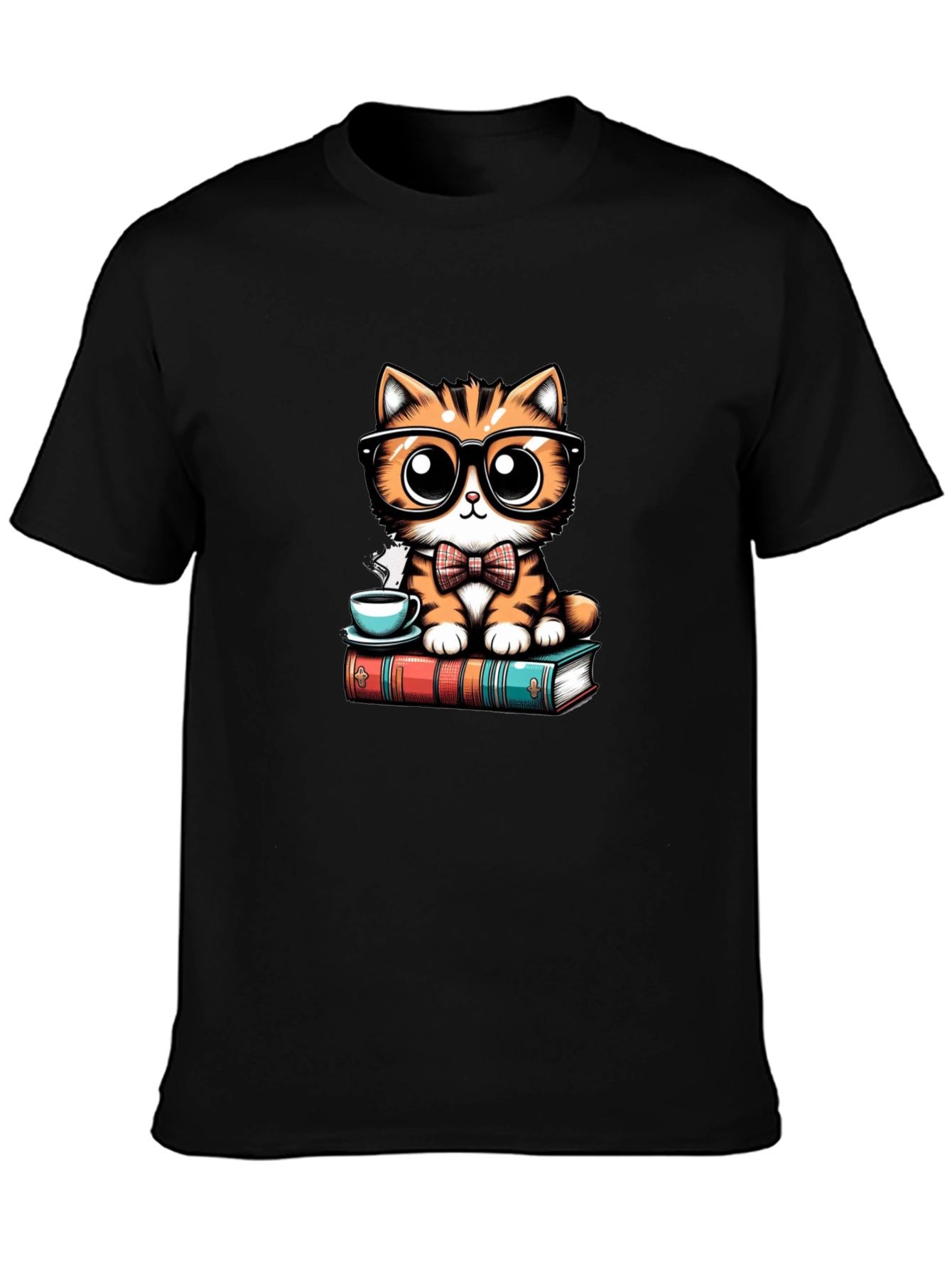 Cute Cat With Glasses Black T-Shirt