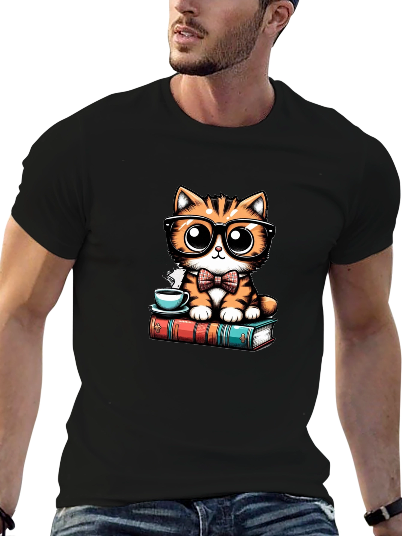 Cute Cat With Glasses Black T-Shirt