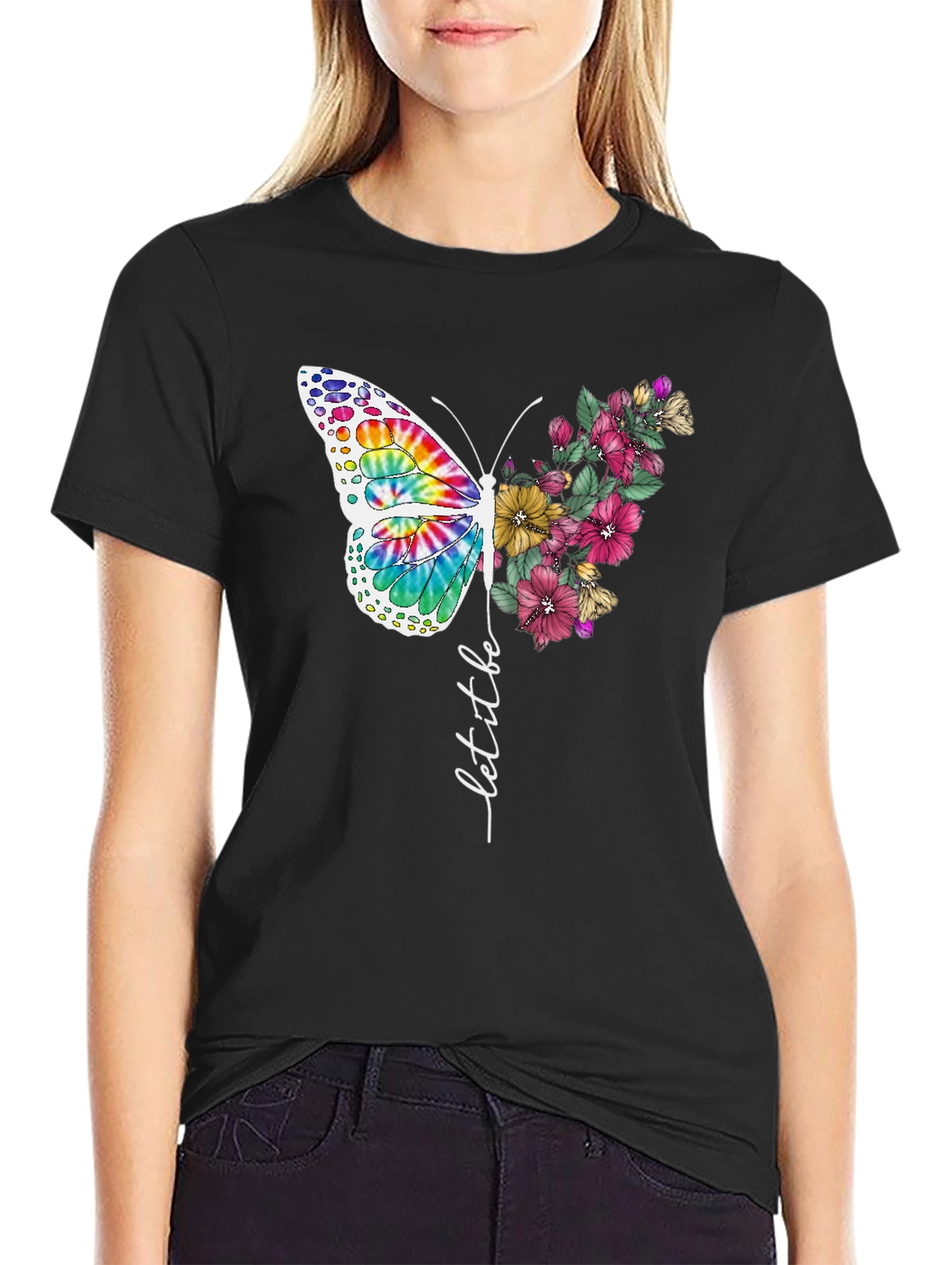 Butterfly Floral Graphic Tee - Let It Be Black T-Shirt
