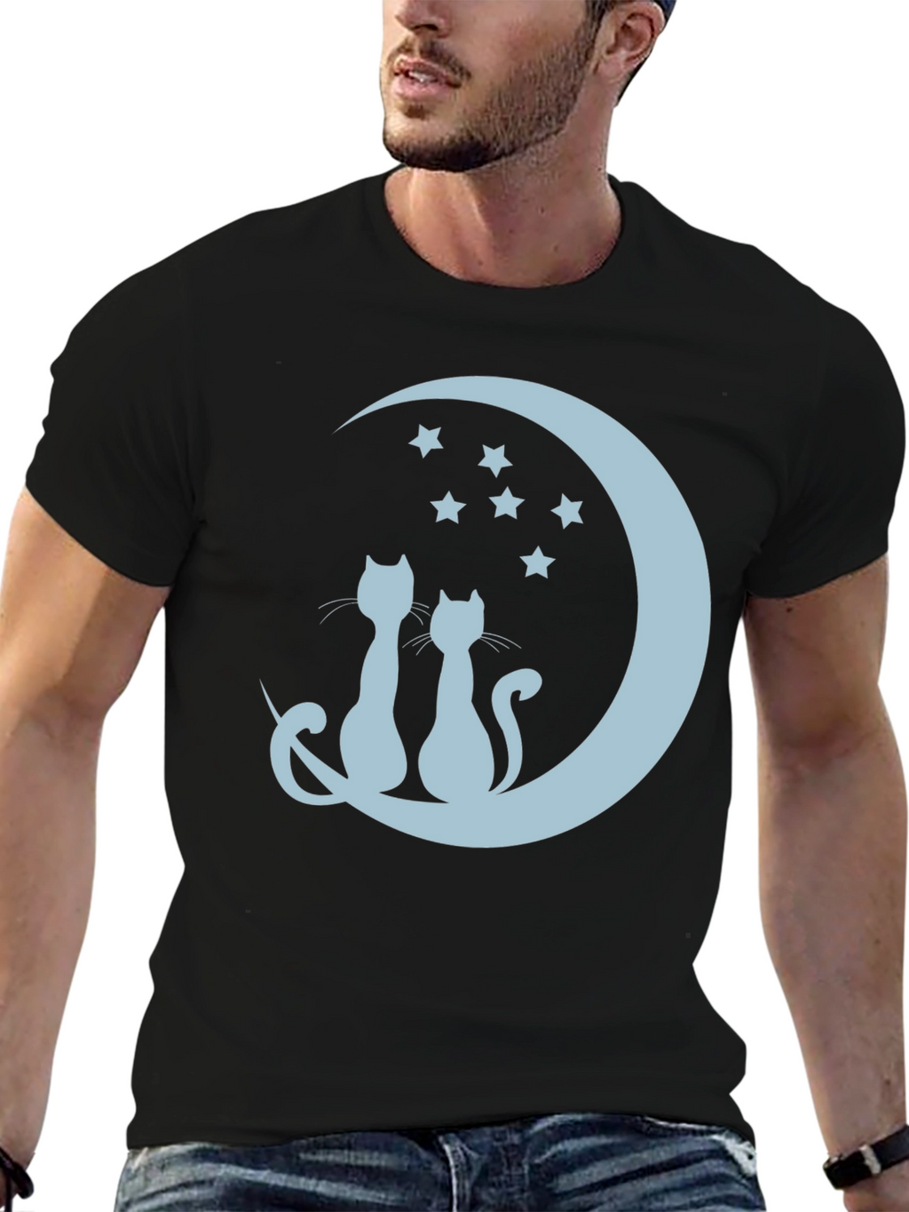 Cats On Moon Graphic Tee - Black Unisex T-Shirt